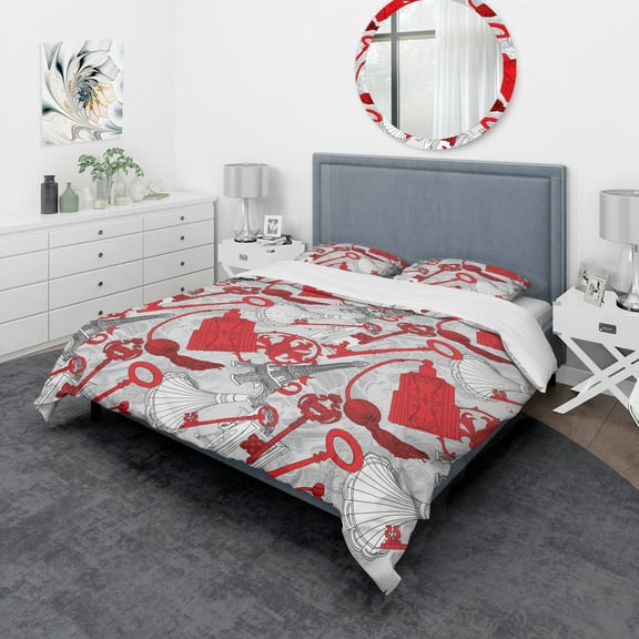 Designart 'Drawing of Paris with Red Keys' Cityscapes Duvet Cover Set