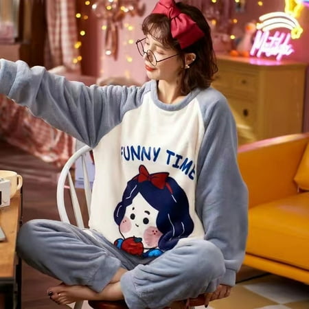 

Autumn Winter New Warm Flannel Women s Pajamas Set Long-sleeved Trousers Two-piece Set Cute Soft Home Wear Clothes for Women