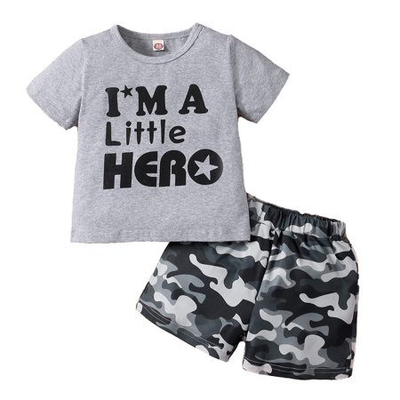 

Kucnuzki 9 Months Baby Boy Summer Outfits Shorts Sets 12 Months Short Sleeve I M A Little HERO Prints Cozy Tops Elastic Cozy Shorts 2PCS Set Gray