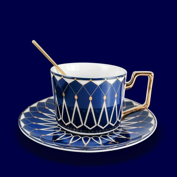 Tea Coffee Cups - 7.4oz Bone China Ceramic, Beautiful Matte Glazed Tea Cup with Saucer and Spoon
