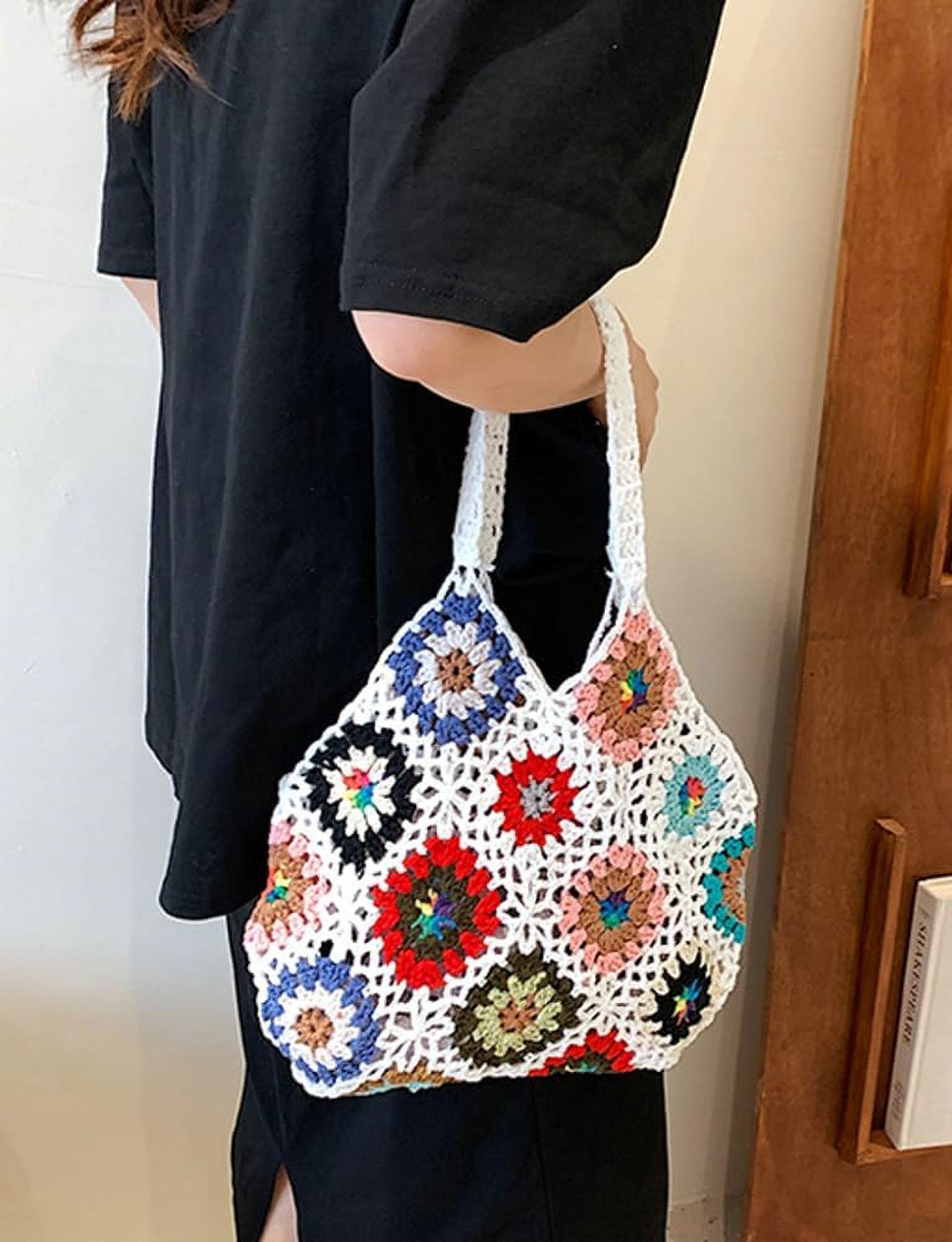 Kukuzhu Cute Floral Knitted Shoulder Bag Women Aesthetic Fairy Y2k Hobo Bag Crochet Small Hand Woven Beach Mesh Tote Purse