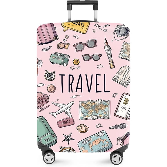 Travel Luggage Cover, Travel Suitcase Protector with Vintage Travel Icons, Stretchable, Washable Travel Sleeve for 20-34 Inch Luggage