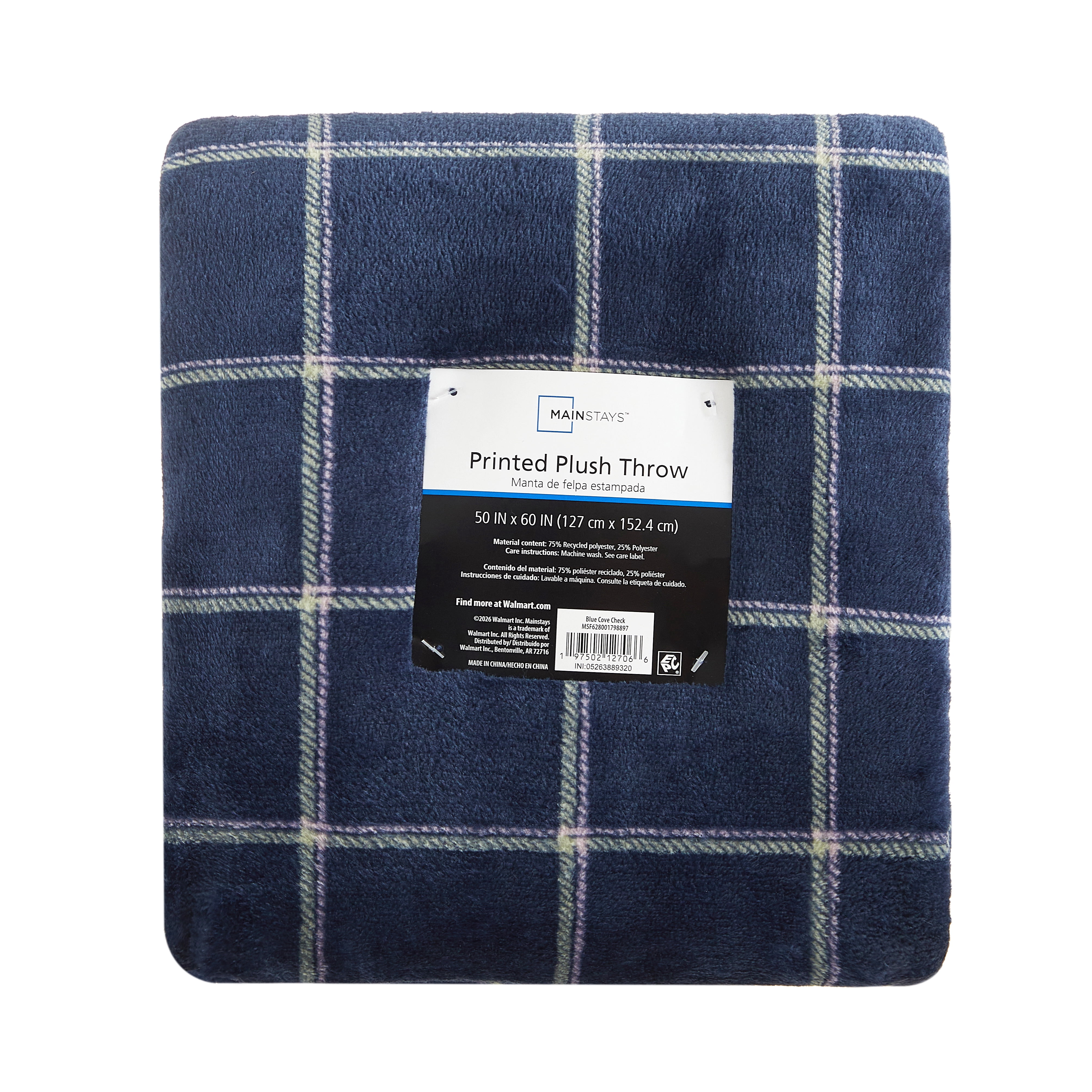Mainstays Printed Plush Couch Throw Blanket, Blue Cove Plaid, 50 x 60 in