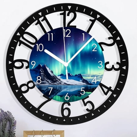 Teal Wrought Iron Wall Clocks Battery Operated 10 Inch Aurora Modern Wall Clocks for Living Room Decor Glacier Lake Wall Clock Silent Non Ticking 25cm Style 10×10inch(25×25cm)