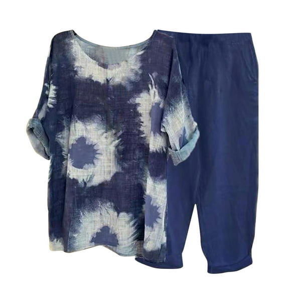 REORIAFEE Summer Two Piece Outfit Women Vacation Outfits Women's Summer Print Set Short Sleeve Round Neck Tops Double Pocket Pants Set Blue L