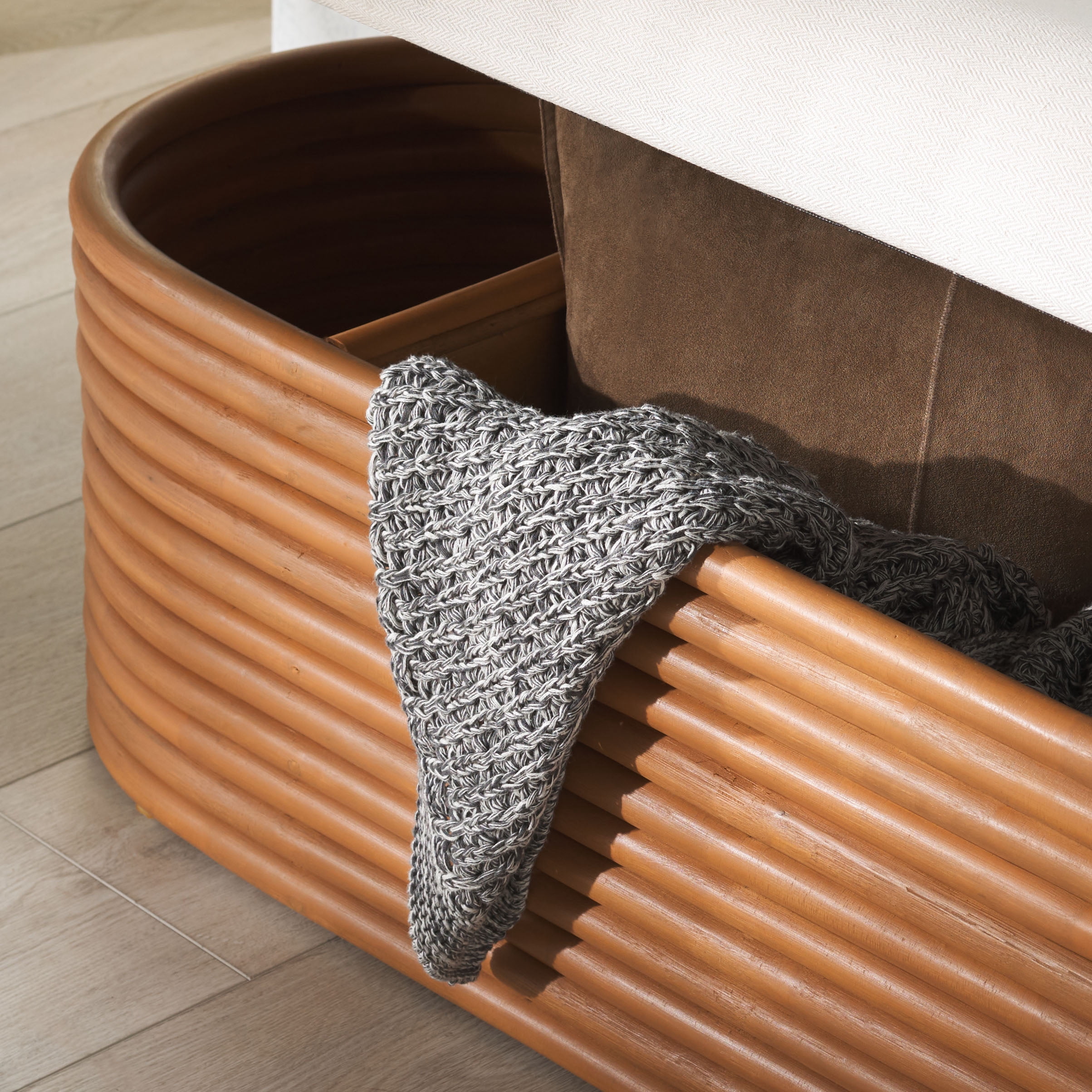 Safavieh Couture Bayard Rattan Storage Upholstered Bench, Natural/White