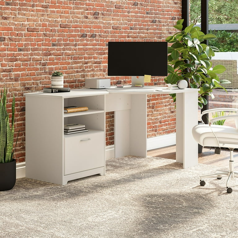 Cabot 60W Corner Desk with Hutch and File Storage in White