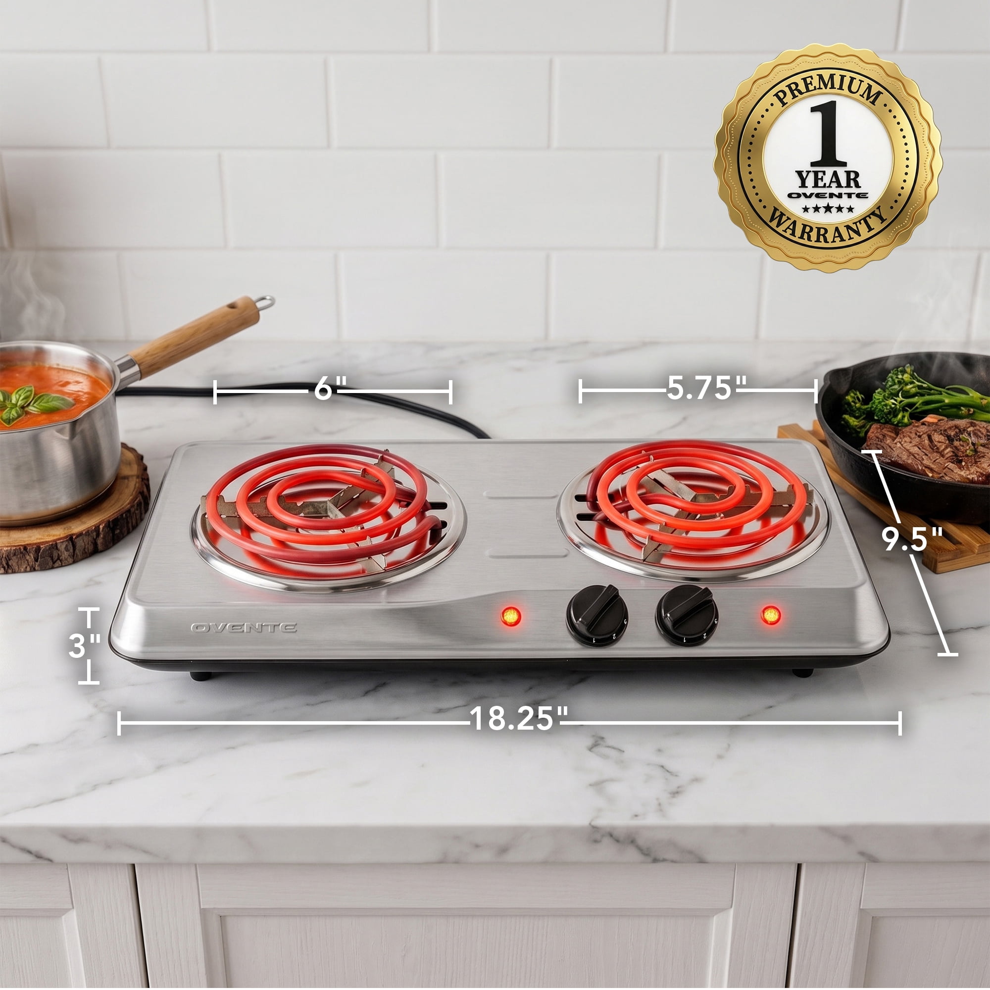 OVENTE Electric Double Burner, 1700W Coil Hot Plate, Silver BGC102S | 6" & 5.75" Portable Countertop Cooktop, Stainless Steel, 5-Level Temperature Control, Indicator Light, Easy-to-Clean, Compact