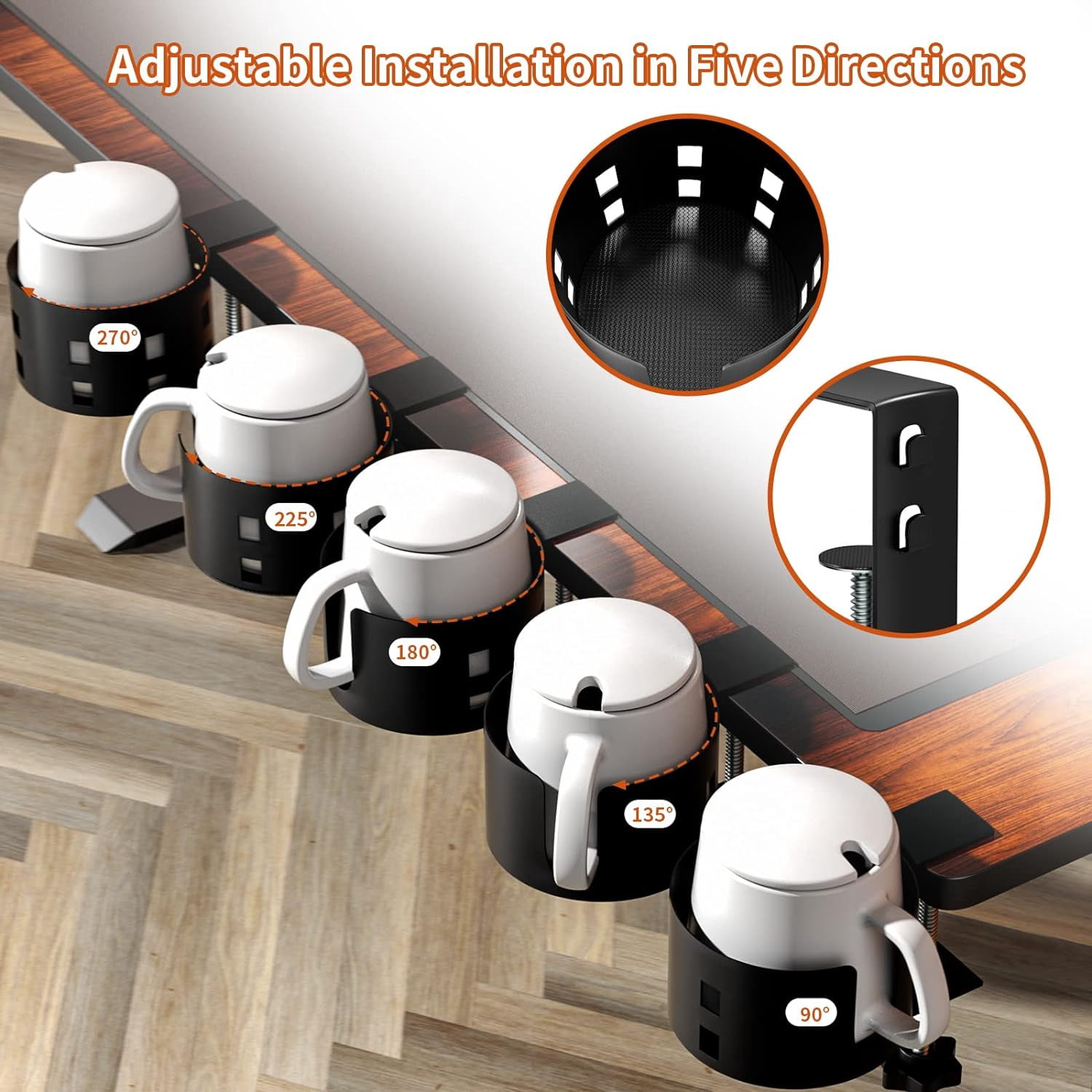 Upgraded Large Desk Cup Holder Clamp, Anti-Spill Table Cup Holder, Metal Office & PC Gaming Desk Accessories, Compatible with Universal Cup, Bottles, Pencil Holder (Black)