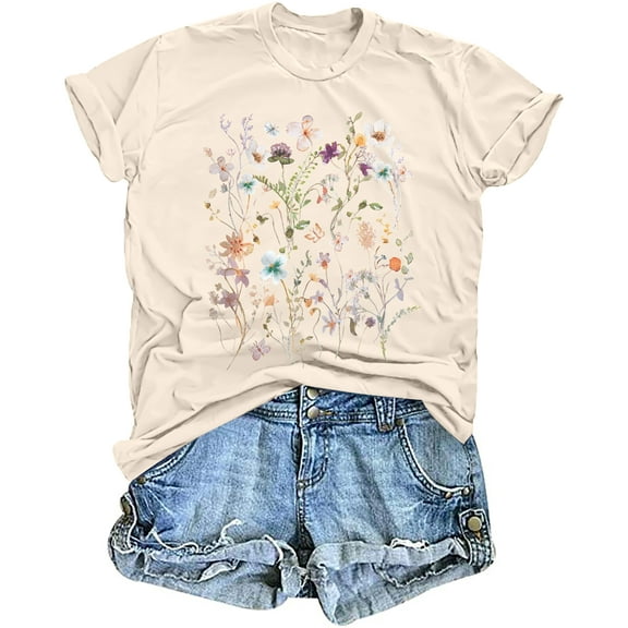 MOUSYA Boho Floral Tshirt Women Vintage Wildflower Printed Shirt Casual Short Sleeve Tops Trendy Summer Flower Tee Top