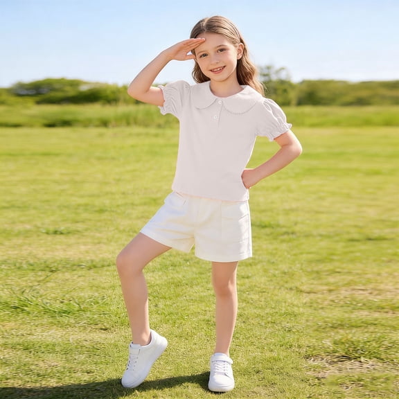 DJDLJWCJ Girls Short Sleeve polo Shirt, Girls Summer Shirts Lightweight Comforty Girls School Uniform Shirts for Girls Lapel Solid Stretch Fashion Tops White 5 T