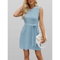thumbnail image 4 of Women'S Sleeveless Mini Sweater Tank Dress Solid Color Casual Crew Neck Side Slit Knitted Dress with Belt Blue XL, 4 of 8
