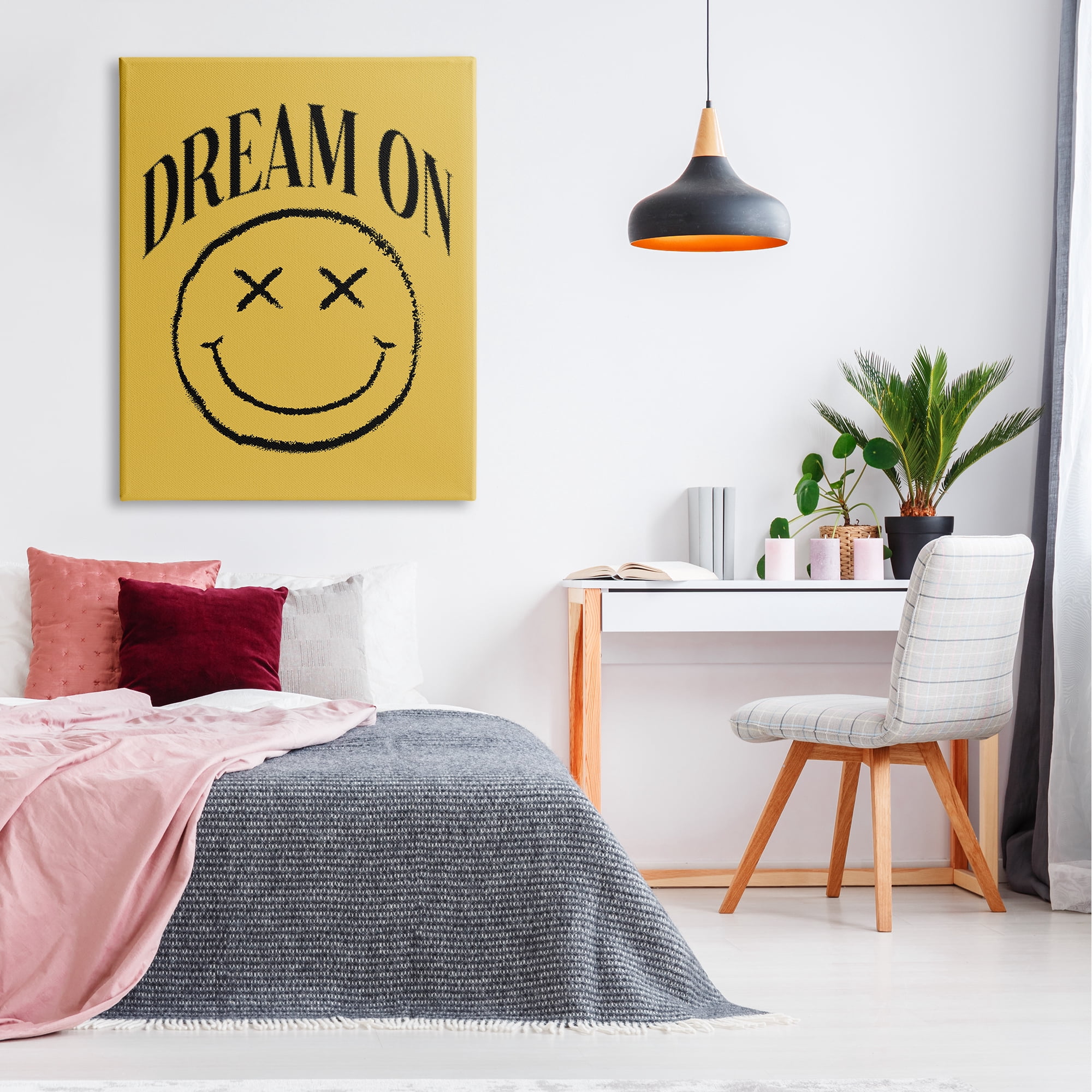 Stupell Industries Dream On Yellow Smiley Abstract Painting Gallery Wrapped Canvas Art Print Wall Art, 36 x 48