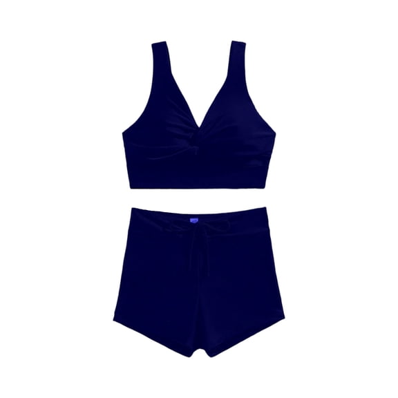 Swimwear Tankini for Women Modest Two Piece V-Neck Twist Front Full Coverage Boyshorts for Beach Navy S