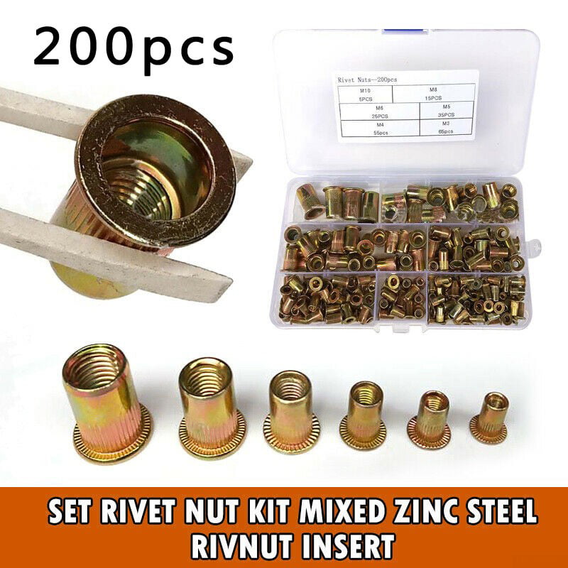 100 Pcs M3/4/5/6/8 Zinc Rivet Nut Flat Head Threaded Insert Nutsert SAE Assort 