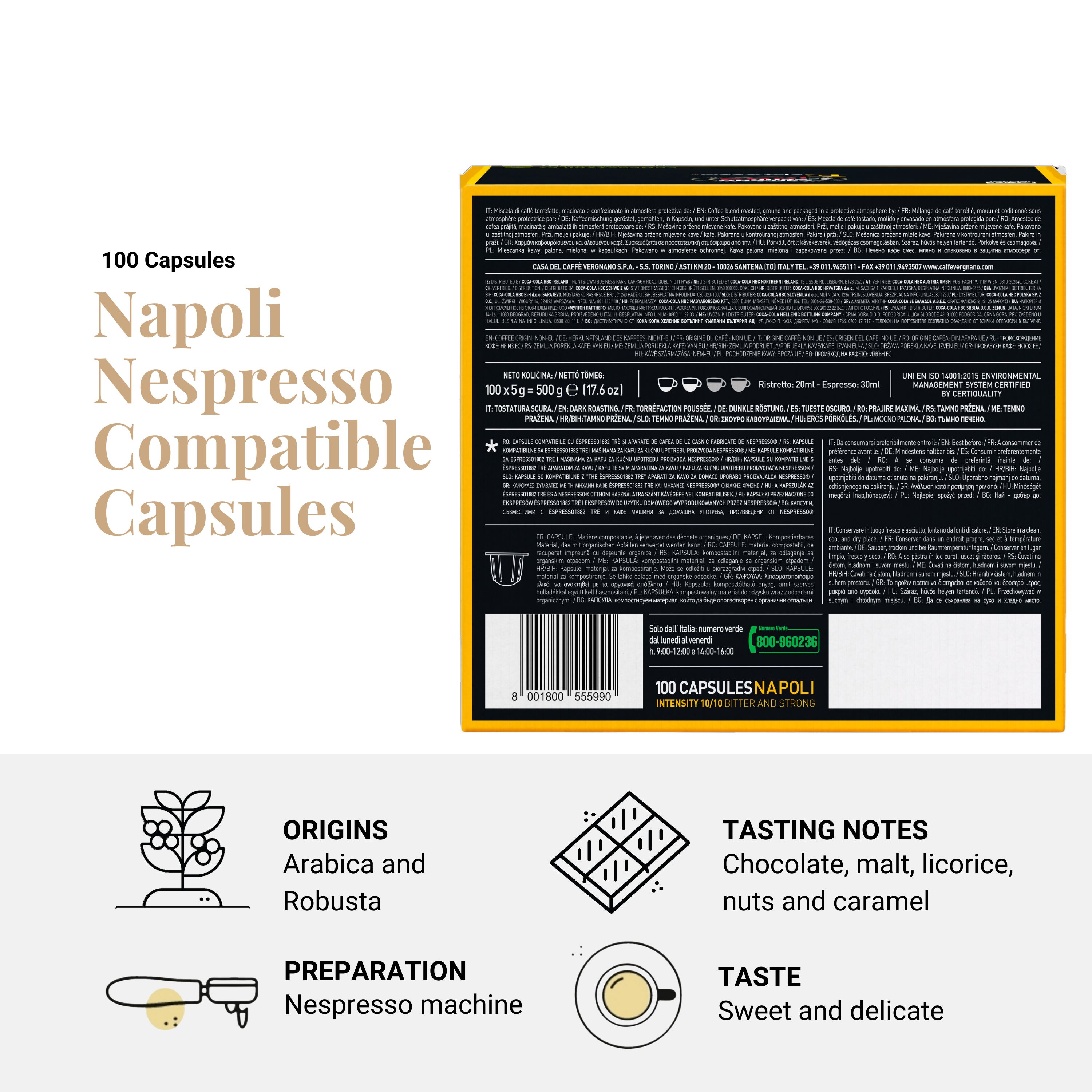 Caffe' Vergnano 1882 Medium Roast Espresso Original Line Machine Compatible Capsules, Single-Serve Espresso Coffee, Italian Coffee for Nespresso Machine, Intensity 10/10, Napoli, 100 Ct