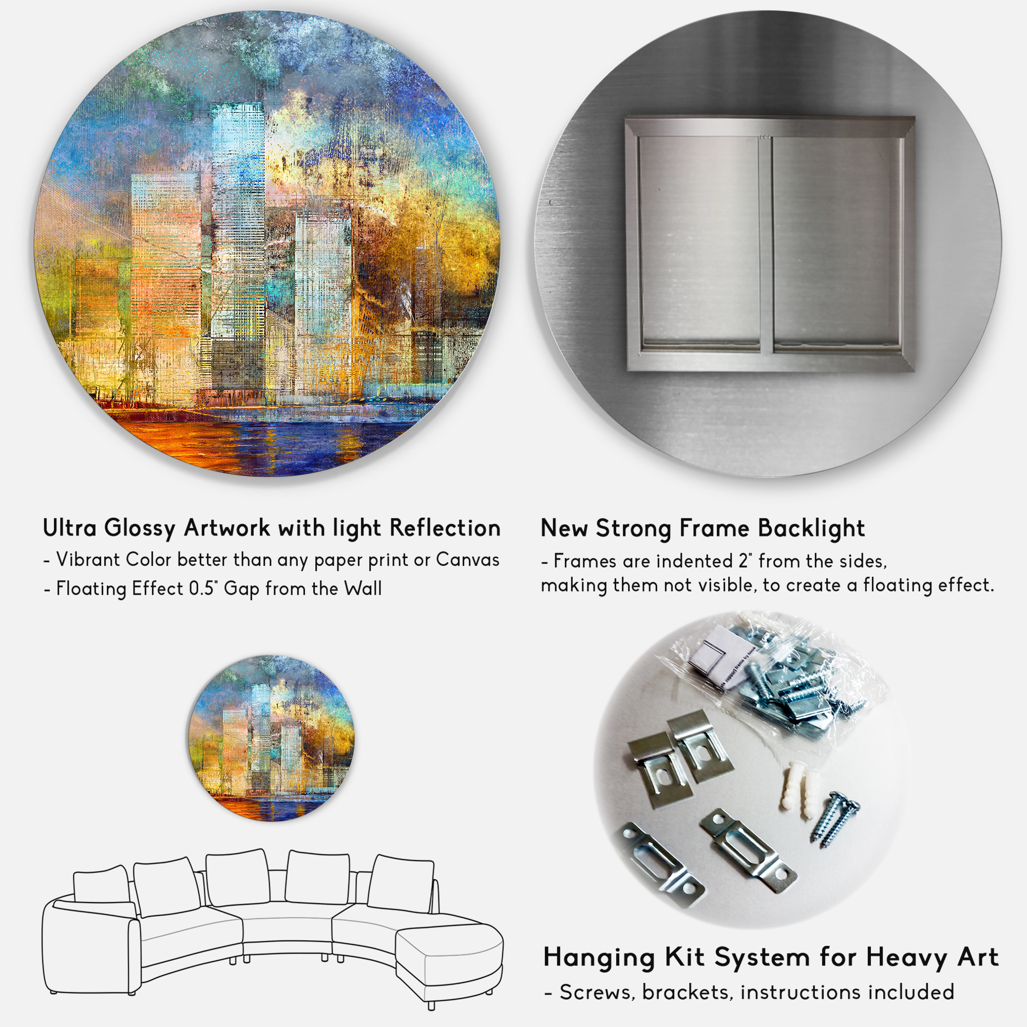 Designart 'Skypscrapers In Futuristic City' Modern Circle Metal Wall Art 36x36 - Disc of 36