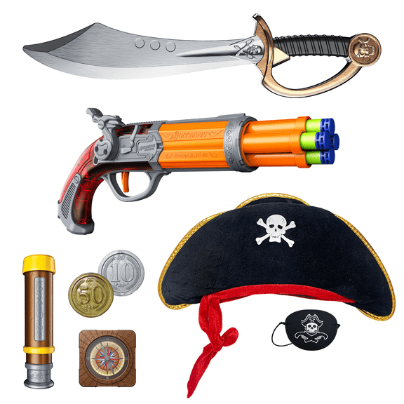 Adventure Force Pirate Roleplay Set Buccaneer Dart Blaster 12-Piece Set: Blaster, Sword, Pirate Hat, Play Telescope, Play Compass, 4 Univseral Foam Darts, 4 Play Coins, 8 