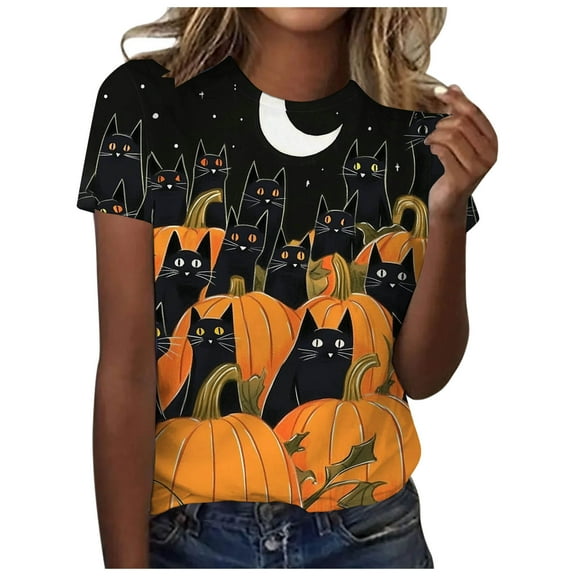 felwors Plus Size Halloween T Shirt Women Funny Graphic Print Fall Short Sleeve Tee Tops Orange, L