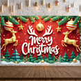 thumbnail image 6 of Red Background Merry Christmas Banner Golden Reindeer Xmas Display Green Pine Tree Gold Star Ornament Holiday Backdrop for Christmas Party Indoor Event Festive Photo Shoot, 6 of 9