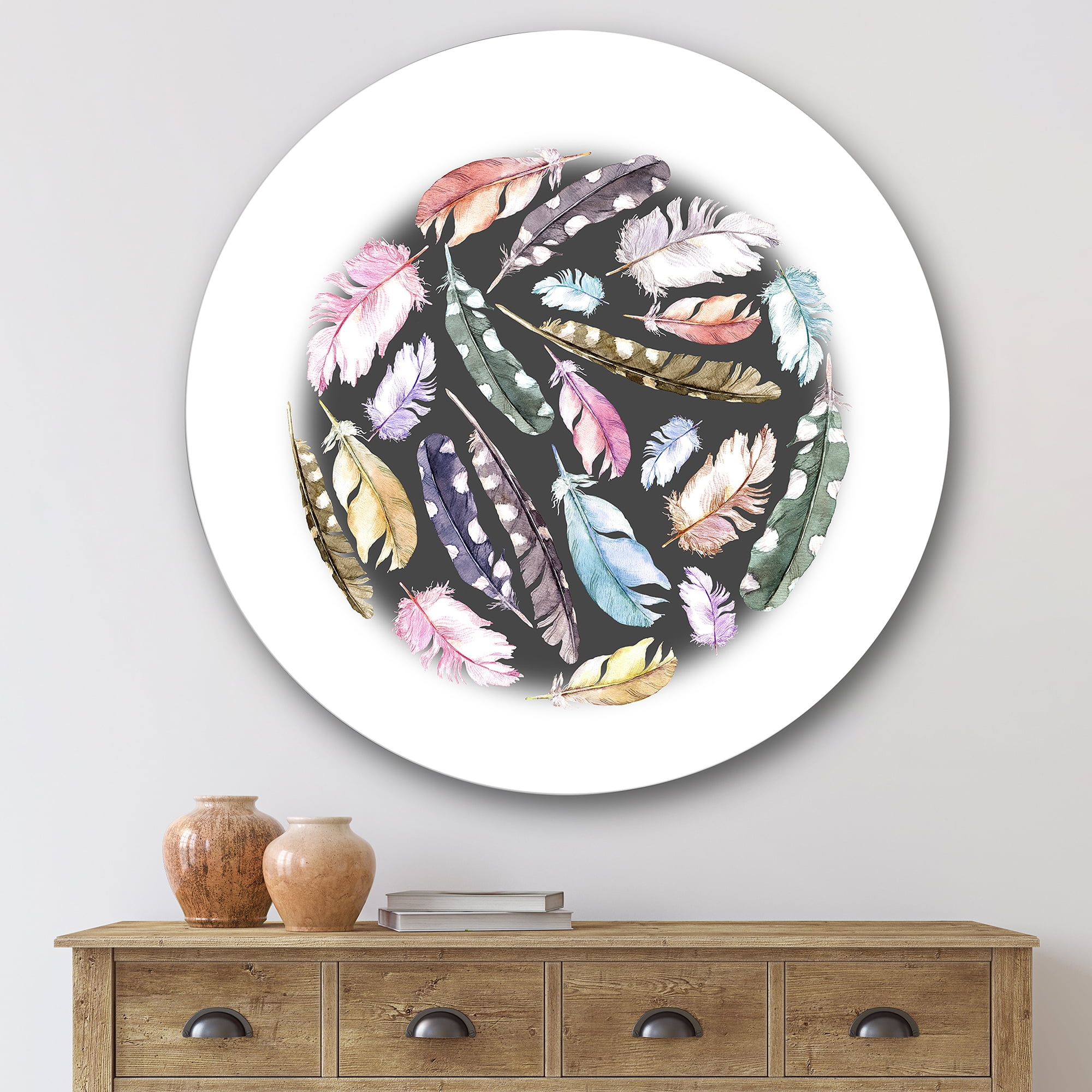 Designart 'Colorful Boho Feathers In Circle Shape' Bohemian & Eclectic Circle Metal Wall Art 29x29 - Disc of 29