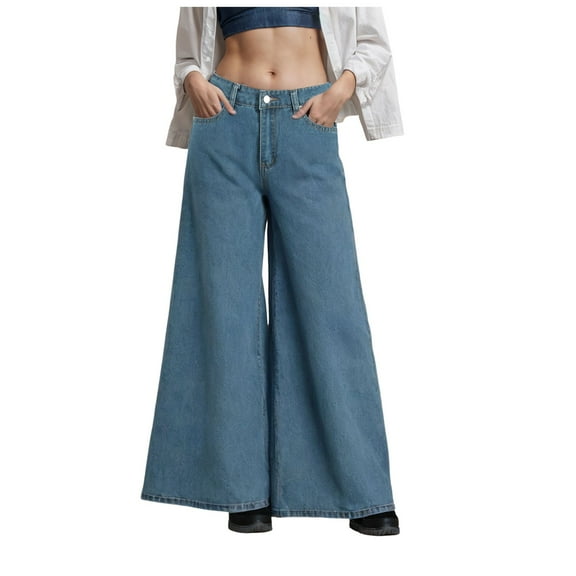 Mepaouo Wide Leg Pants for Women Low Waisted Palazzo Baggy Denim Jeans Y2K Loose Trousers(Blue,S)