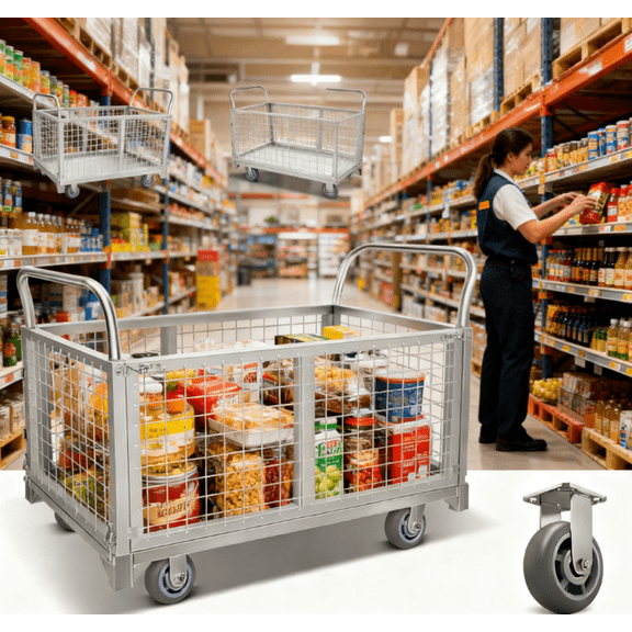 2200lbs Platform Truck Cart with Cage, 4-in-1 Foldable Heavy Duty Hand Truck Flatbed Cart with Swivel Casters, Multi-Functional Push Dolly for Grocery, Laundry, Warehouse, Storage