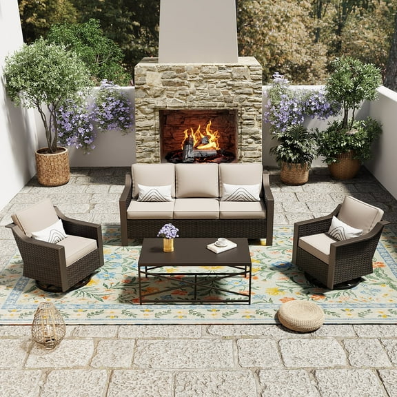 Meetleisure Outdoor Conversation set, 4PC, Three-seat Sofa, Two Swivel Chairs and One Table, PE Rattan, Beige