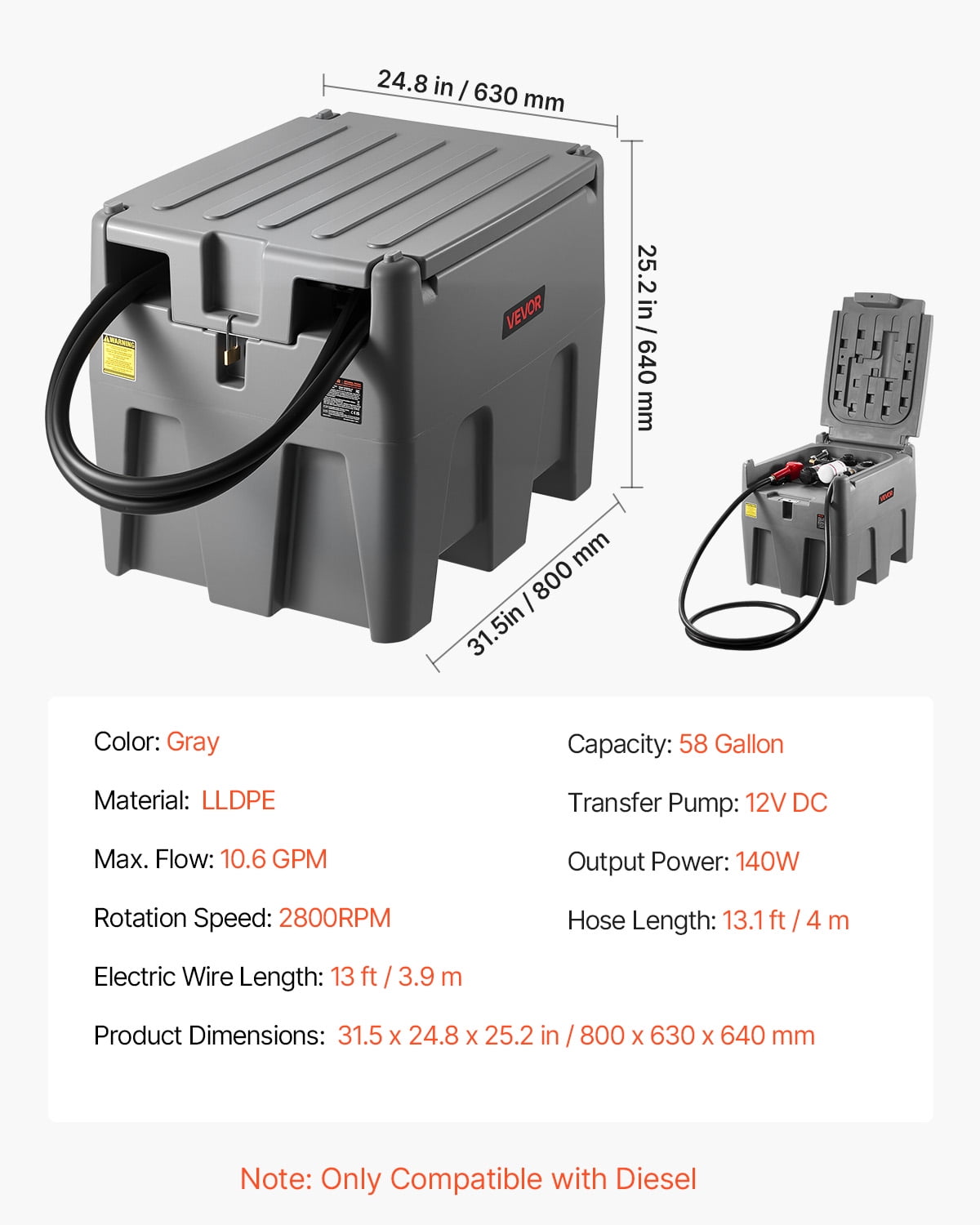 VEVOR Portable Diesel Tank, 58 Gallon Capacity & 10 GPM Flow Rate, Fuel Tank with 12V Electric Transfer Pump and 13.1ft Rubber Hose, PE Diesel Transfer Tanks for Easy Fuel Transportation, Grey
