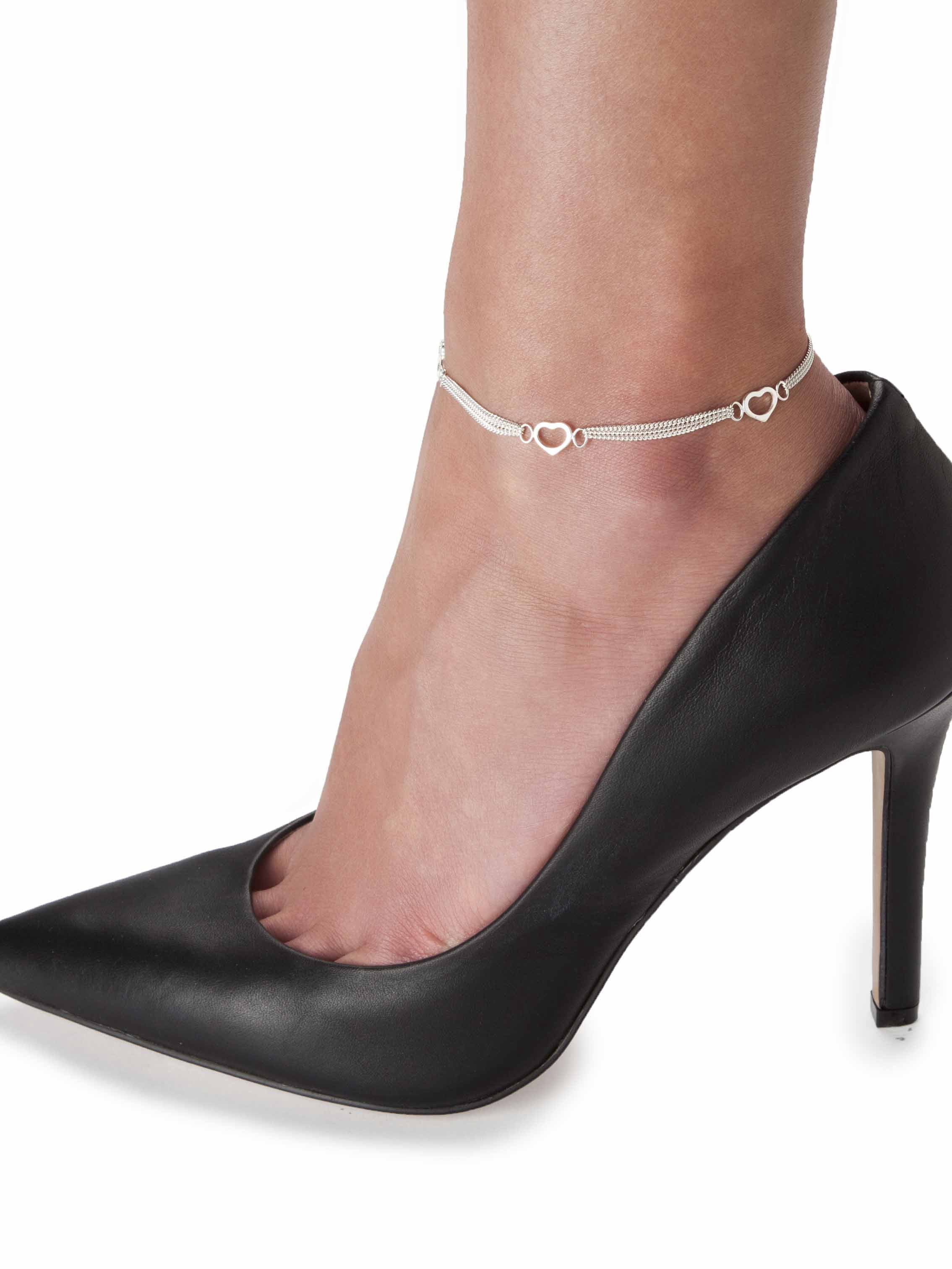 PalmBeach Jewelry Open Heart Station Triple-Strand Ankle Bracelet in Yellow Gold-Plated or Sterling Silver (7.5mm) 10"