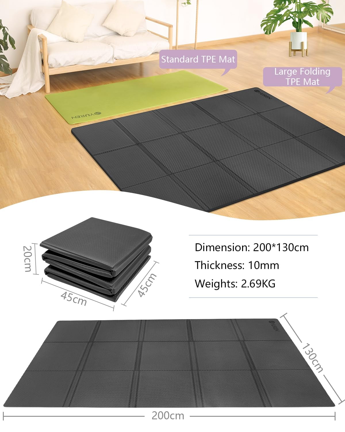YR Foldable Yoga Mat, Large Thick Folding Exercise Mats for Travel Home Gym Fitness, TPE 10mm Black