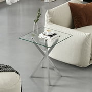 Holaki End Table Small End Table with Chrome Metal X-Shaped Pedestal,Tempered Glass Square End Table, Luxury Glass End Table Nightstand Modern Side Table for Living Room Bedroom,17.72 x 20.87