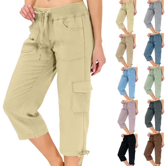 DENGDENG Cargo Capris for Women Casual Capri Pants with Pockets Summer Quick Dry Hiking Pants Outdoor Pull On Cargo Pant,XL,#03 Khaki