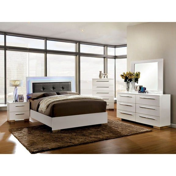 White Glossy Contemporary Eastern King Size Bed Dresser Mirror Nightstand Lacquer Coating Bedroom Furniture 4p Set
