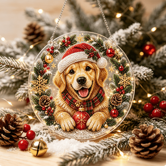 Christmas Diamond Art Ornament Kit Adult Pearl Diamond Art, Pre-Assembled Hanging Chain & Round Acrylic Board, Stunning 2D Beaded Suncatcher for Christmas Decor