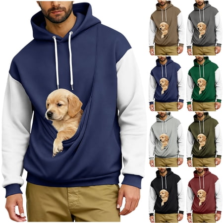 Lcziwo Mens Hoodies with Pet Pouch Fall Winter Warm Cute Kangaroo Pullover Casual Soft Patchwork Sweatshirt Trendy Clothes Army Green XL