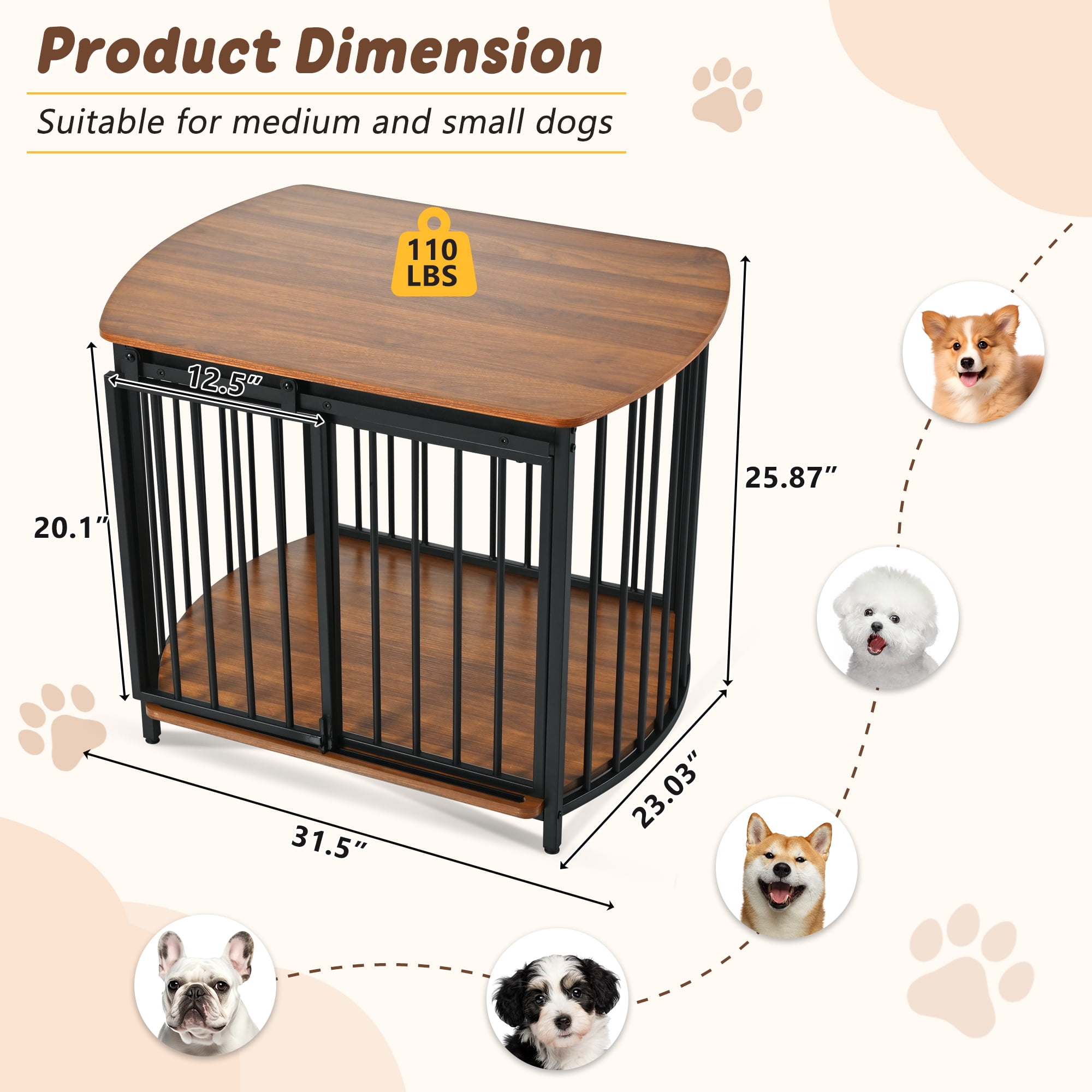 Modern Dog Crate End Table with Double-Doors 31.5" Dog Crate for Small and Medium Dogs, Wooden Cage Indoor Kennel Furniture