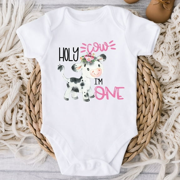 Baby Bodysuit BELLA CANVAS First Birthday Cow Shirt Or Bodysuit, Holy Cow I'M One Birthday Shirt For Baby Girl, Barnyard 1St Birthday, One Year Old Farm Party Pink