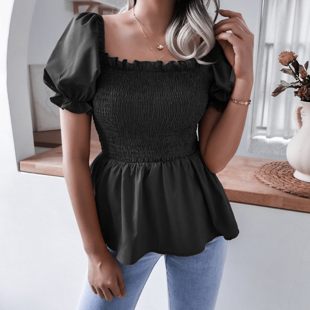 off the shoulder shirred peplum blouse