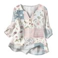 thumbnail image 5 of Women's Patchwork Floral 3/4 Sleeve Blouse - V-Neck Button Down Boho Tunic Top, Lightweight Casual Loose Fit Shirt for Spring Summer Sky Blue XXL, 5 of 6