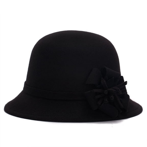 Women's Wool Felt Dome Hat with Floral Decoration, Vintage Wide Brim Cloche Hat for Autumn Winter, Retro Church Hat for Travel, Daily Wear, and Special Occasions Black