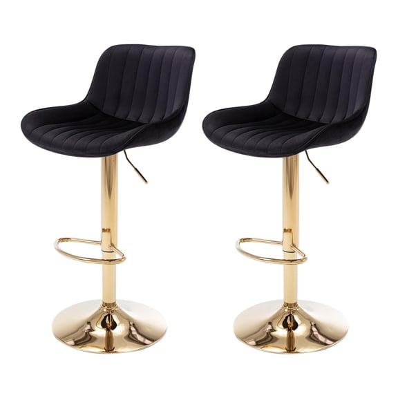 Luxury Velvet Bar Stools Set of 2, Adjustable Swivel Counter Height with Back Support, Gold Metal Frame Modern Kitchen Chairs, Black