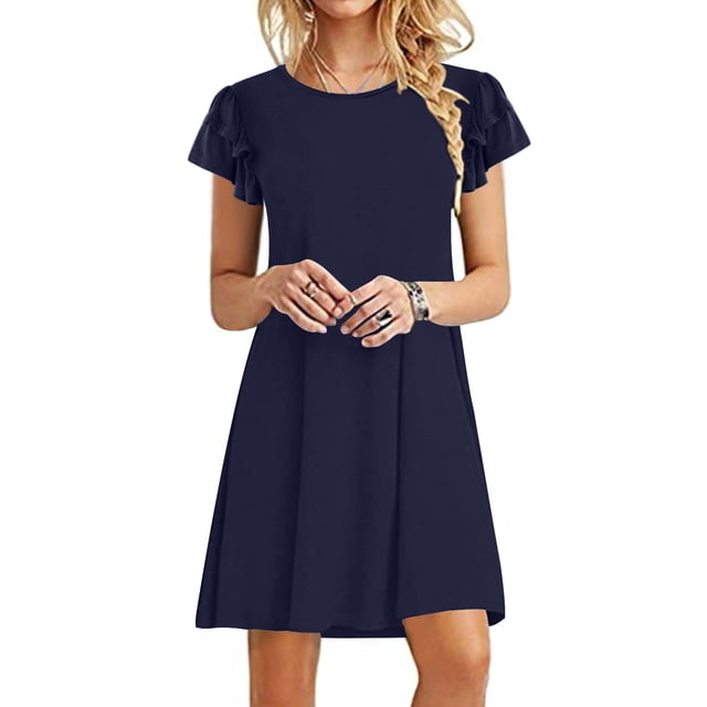 Robes pour Femmes 2024 Été Robes Mini Oversize Décontractées à Volants Manches Courtes Mignonnes Col Rond Robe Fluide avec Poches 50 % de Réduction!