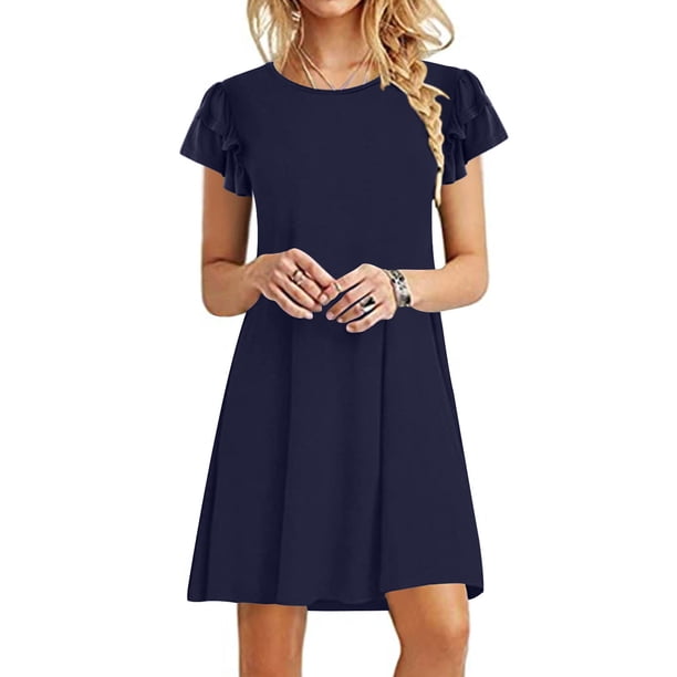 Puntoco Vestido De Mujer Con Volantes Y Mangas De Pétalos, Cuello Redondo, Dos Bolsillos, Color Azul Marino Xxl,Regalos Para Mujer Joven