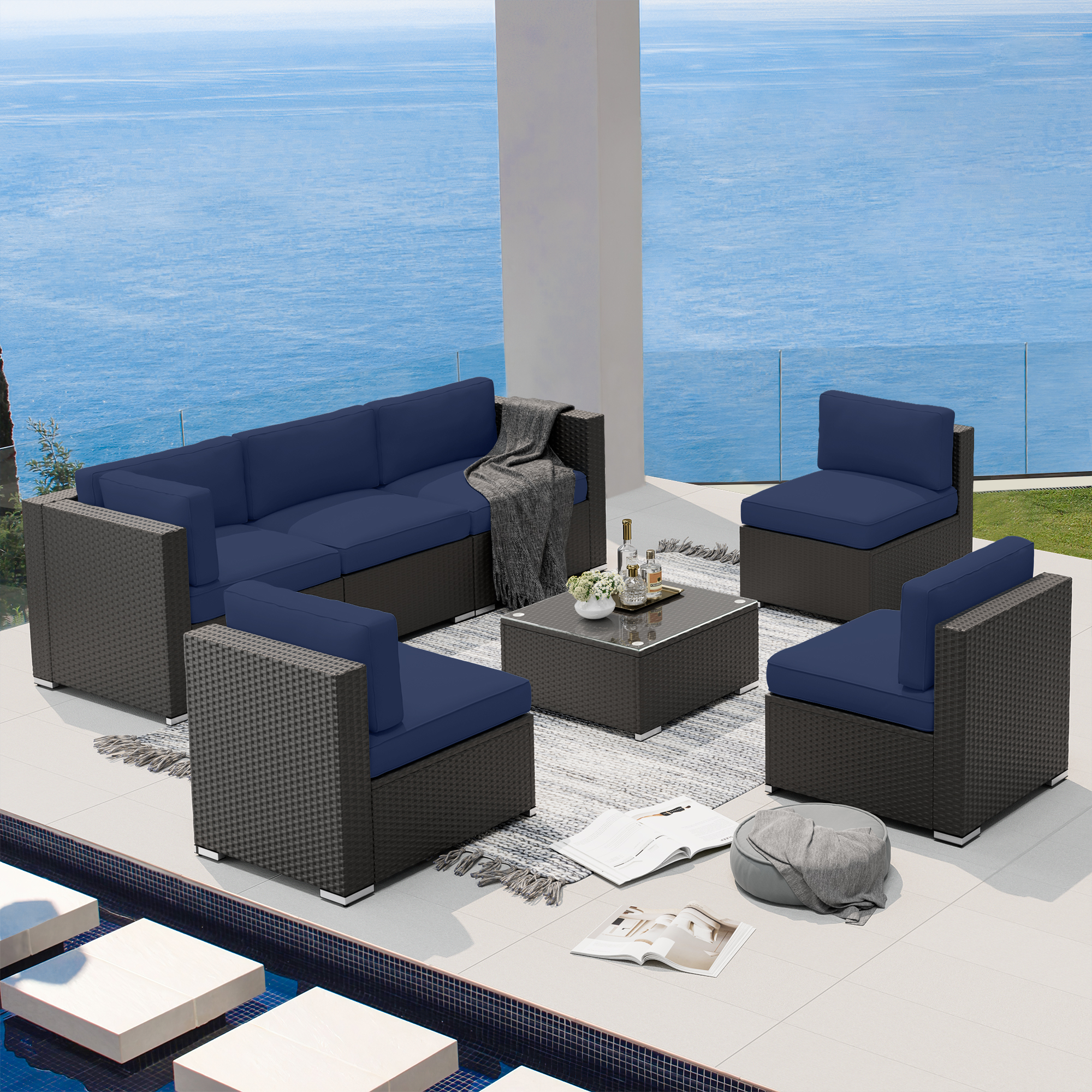 SUNCROWN 7-Piece Outdoor Patio Furniture Sofa Set All-Weather Black Wicker Sectional Conversation Set with Modern Glass Coffee Table and Cushions, Backyard, Garden, Deck, Dark Blue