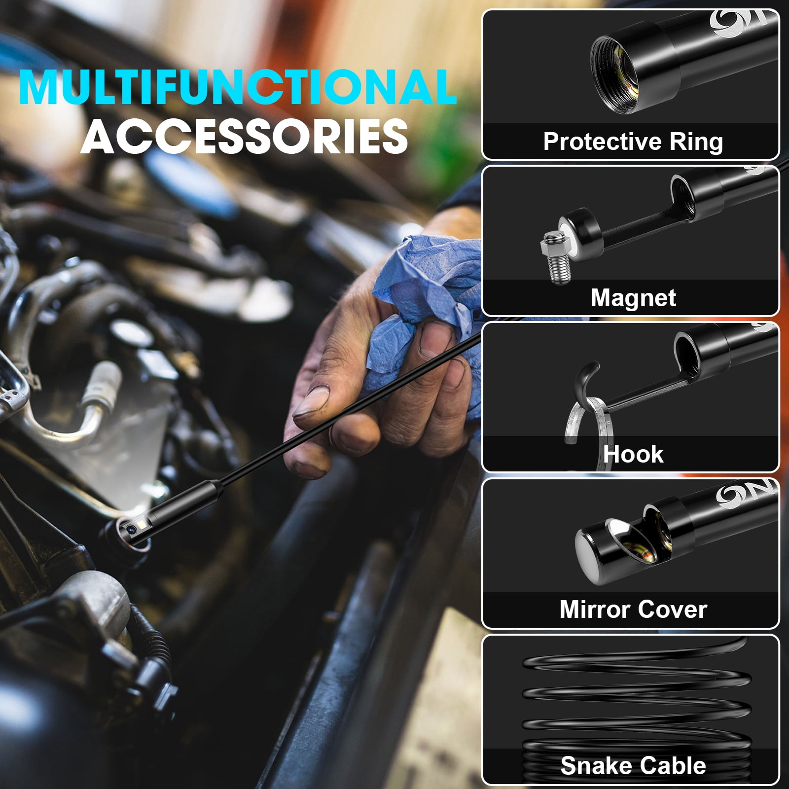 OneAmg Borescope with Light, 1920P HD Double Lens, 8+1 LED, IP67 Waterproof, 16.4 ft/5m -Compatible with Android & iOS