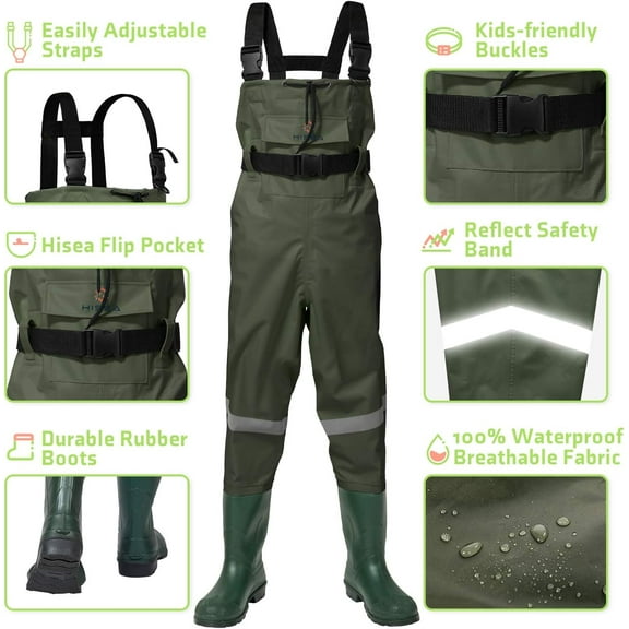 HISEA Kids Chest Waders with Boots, Youth Waterproof Fishing Wader, PVC Waders for Toddler Children with Reflect Safety Band