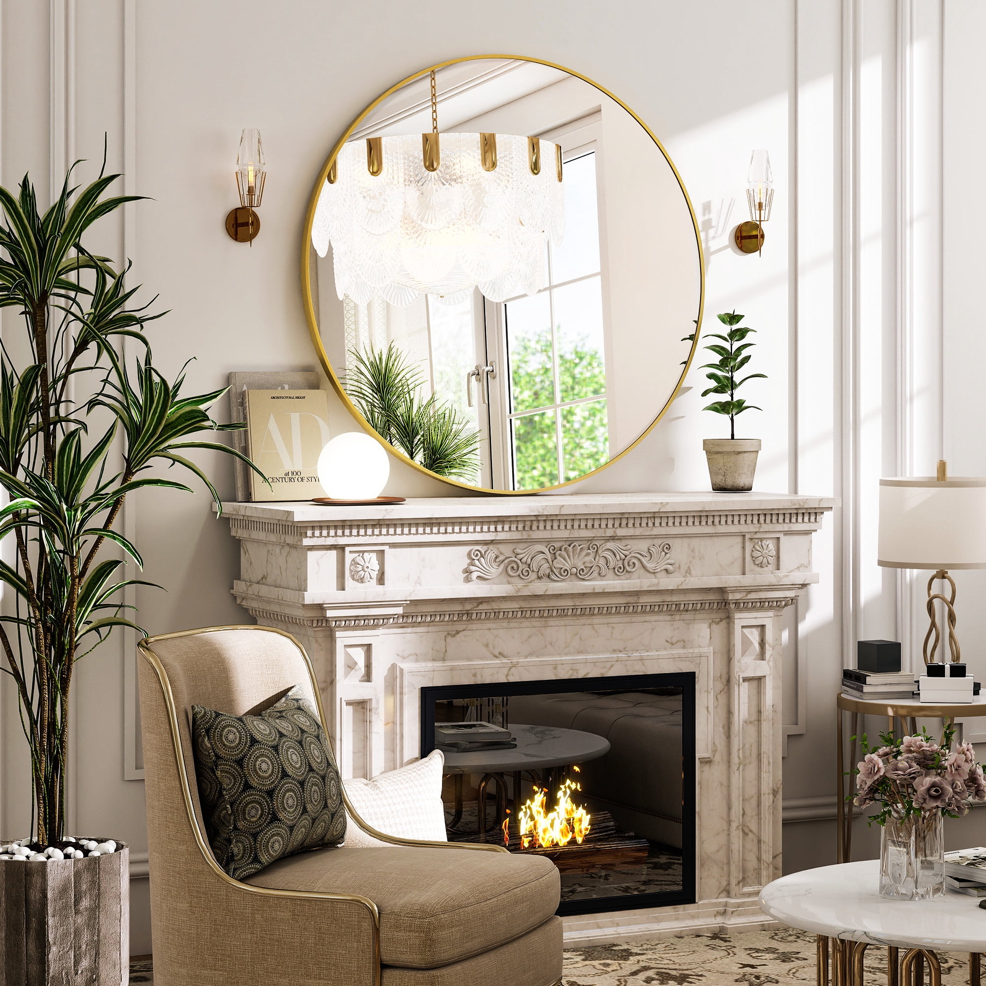 VORENTA 42" Bathroom Mirror Round Wall Mirror Vanity Mirror with Metal Frame, Gold