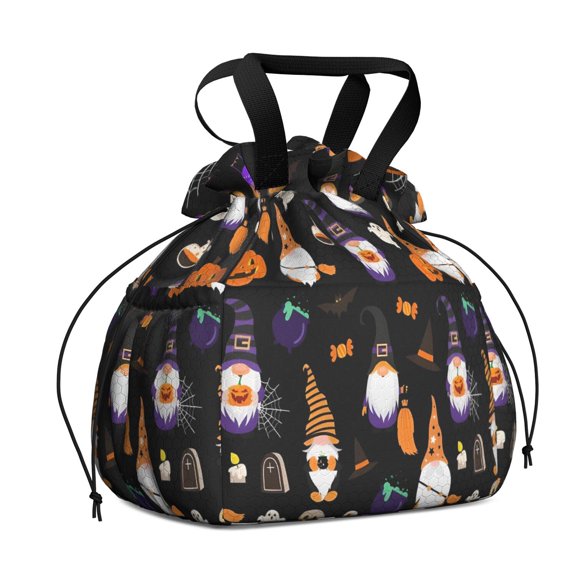 Halloween Gnome Pattern Drawstring Lunch Bag Women - Drawstring Lunch Bag Insulated for Work Office - Stain-Resistant Large Lunchbags for Women with Multi-Pockets