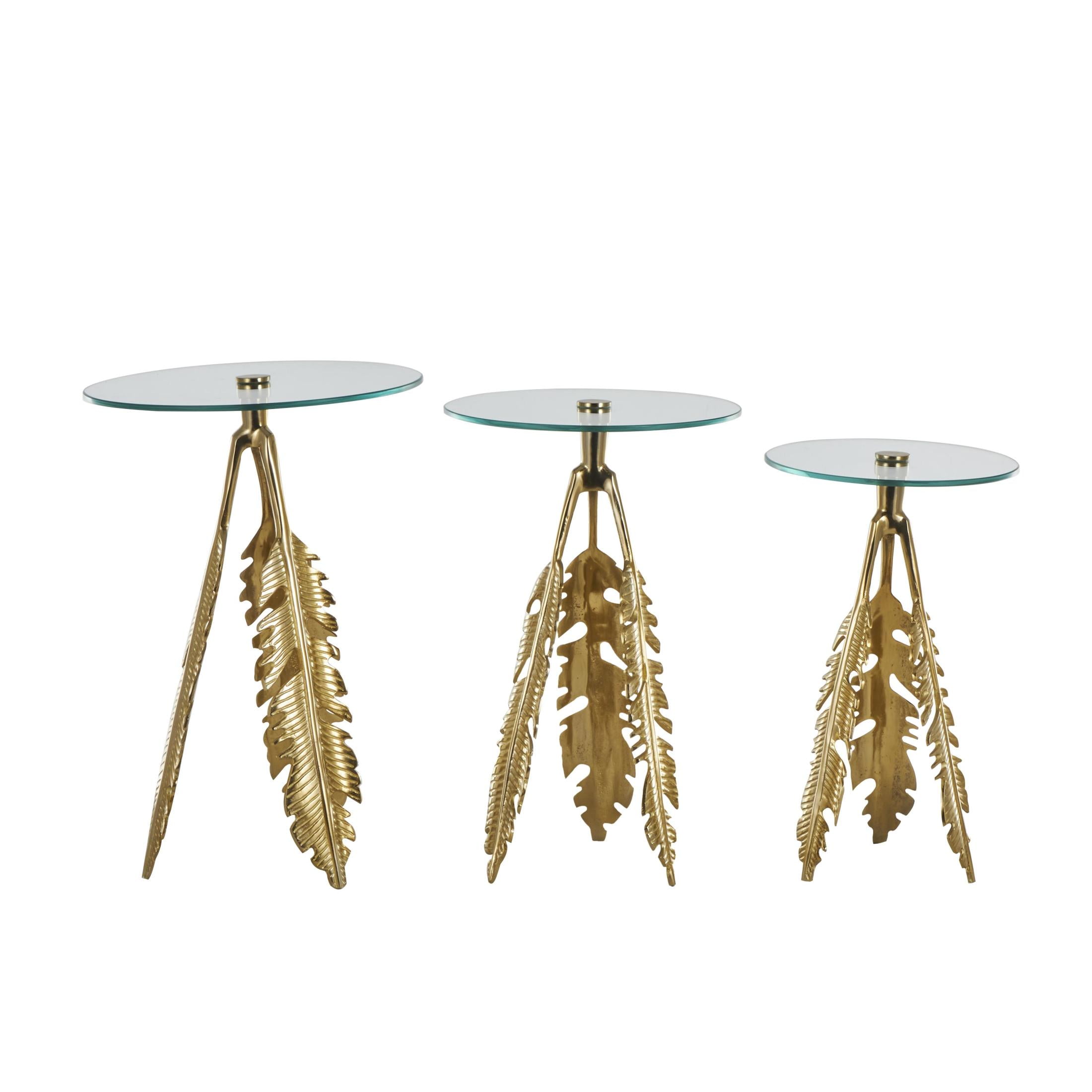 DecMode 16" x 24" Gold Aluminum Metal Leaf Accent Table with Tripod Legs and Tempered Glass Top, 3-Pieces